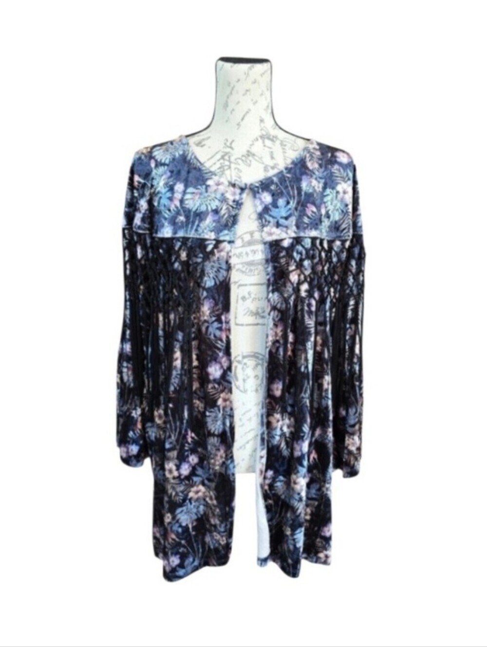 Mystree Black Velvet Multicolor Floral Fringed Boho Open Front Cardigan M